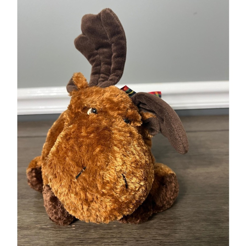Russ Berrie Mookie Moose Reindeer Plaid Bow Stuffed Animal Plush